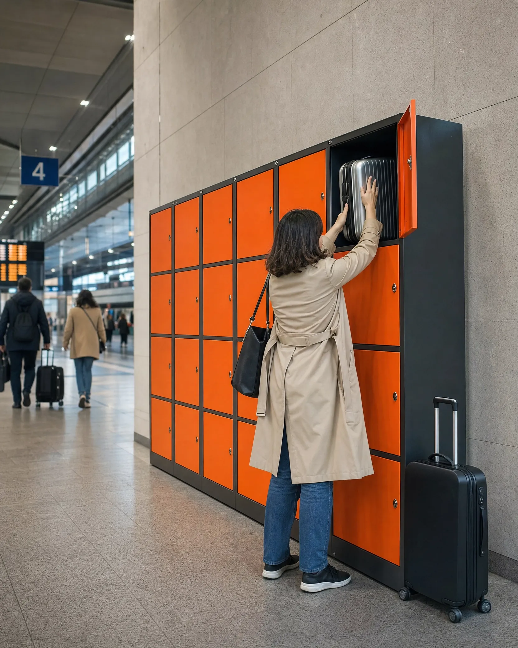 Una viaggiatrice ripone la valigia in un cassetto del deposito Locker Torino
